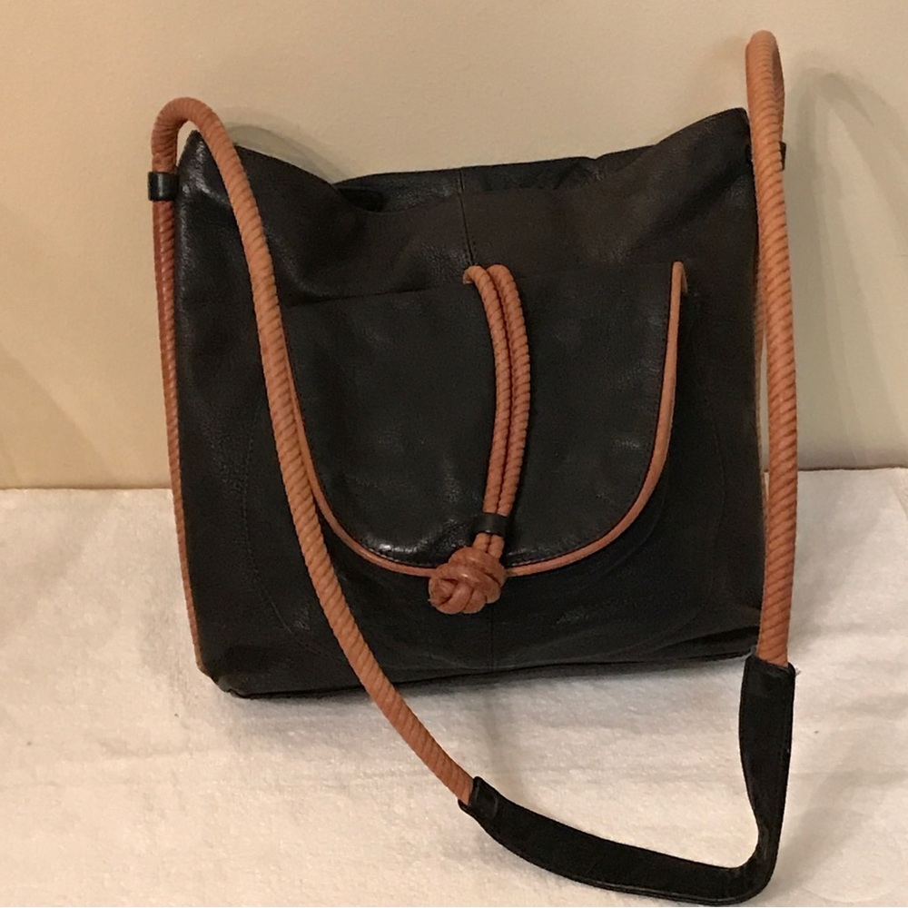Vintage Kenneth Cole Leather Crossbody Bag Rope & Tassel Black Brown Trim